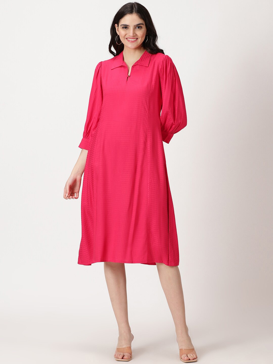 

Saffron Threads Self Design Shirt Collar Puff Sleeve A-Line Dress, Fuchsia