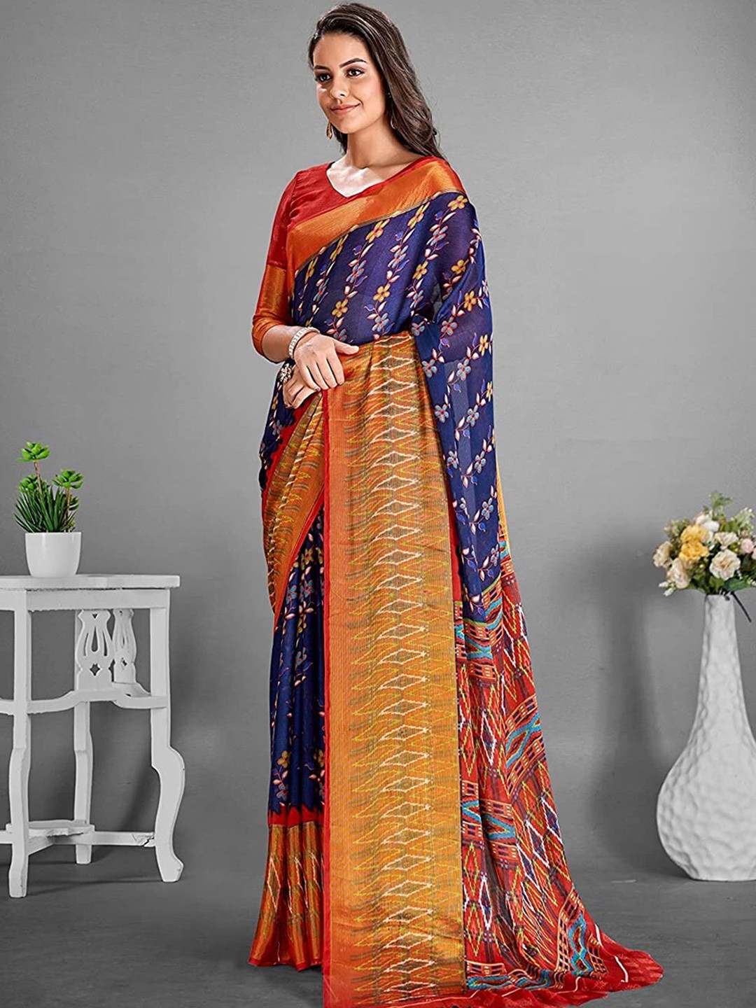 

KALINI Floral Printed Zari Detailed Pure Chiffon Saree, Navy blue