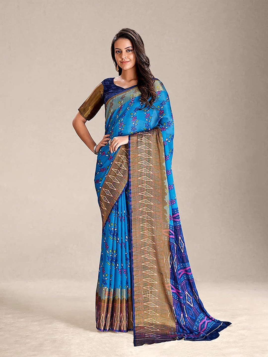

KALINI Floral Printed Pure Chiffon Saree, Blue