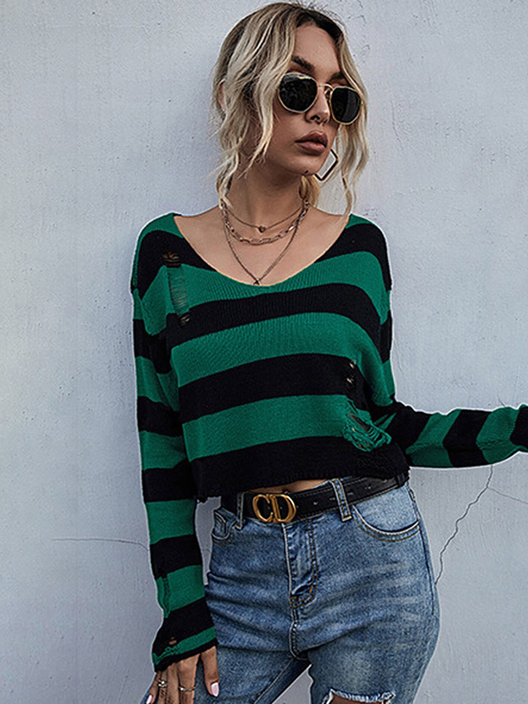 

LULU & SKY Striped Round Neck Crop Pullover, Green