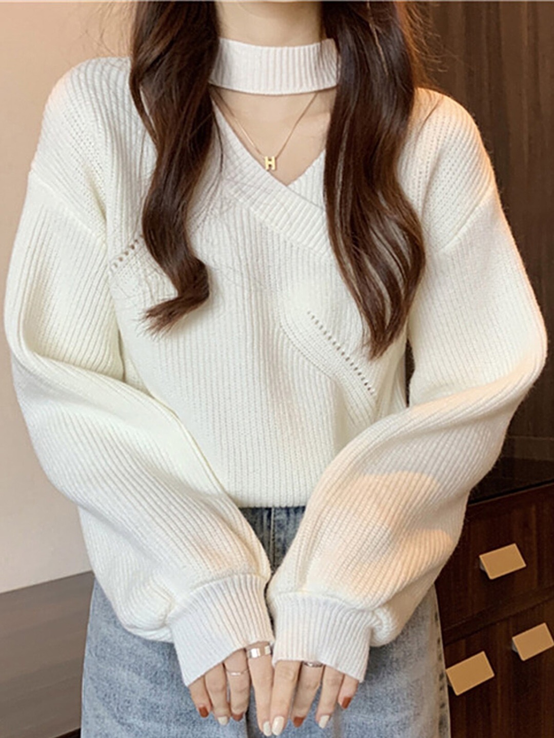 

LULU & SKY Ribbed Mock Collar Pullover Sweaters, White
