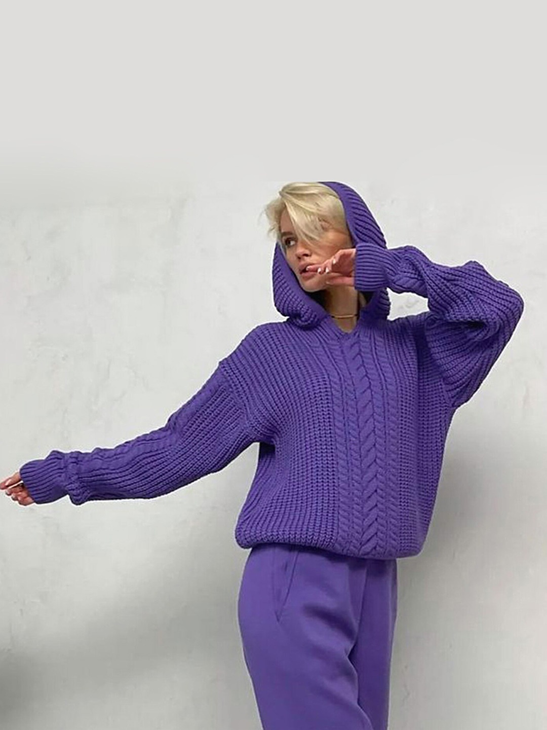 

LULU & SKY Self Design Loose Fit Hooded Pullover, Purple