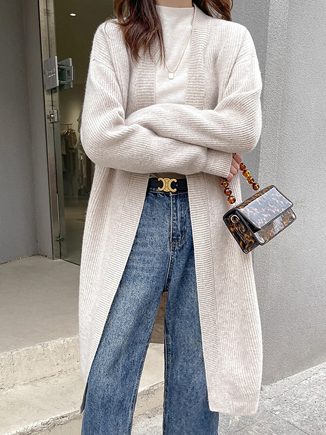 

LULU & SKY Ribbed Longline Cardigan, Beige
