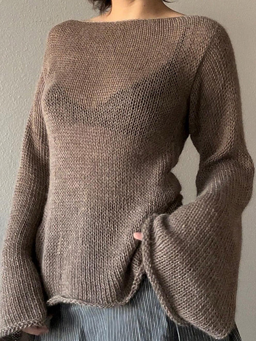 

LULU & SKY Boat Neck Open Knit Pullover Sweater, Brown