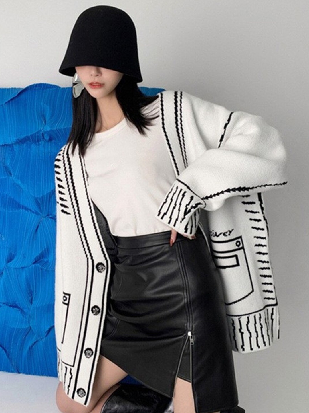 

LULU & SKY Geometric Printed Longline Cardigan Sweaters, White