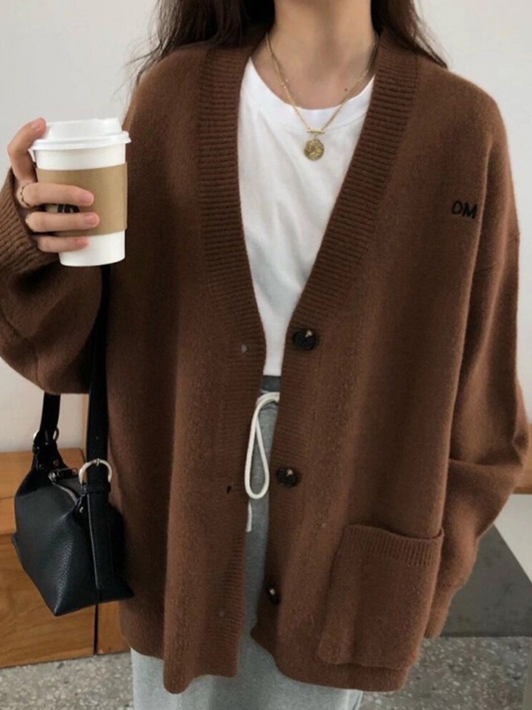 

LULU & SKY V-Neck Front-Open Sweaters, Brown