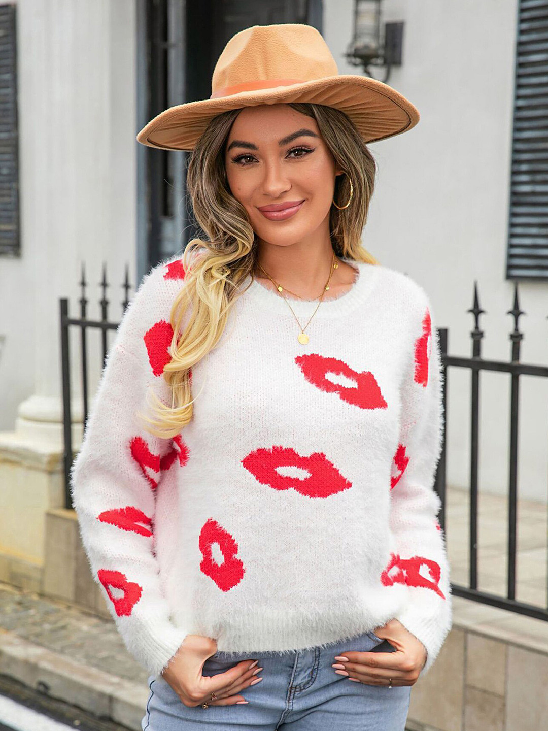 

LULU & SKY Conversational Printed Pullover Sweater, White