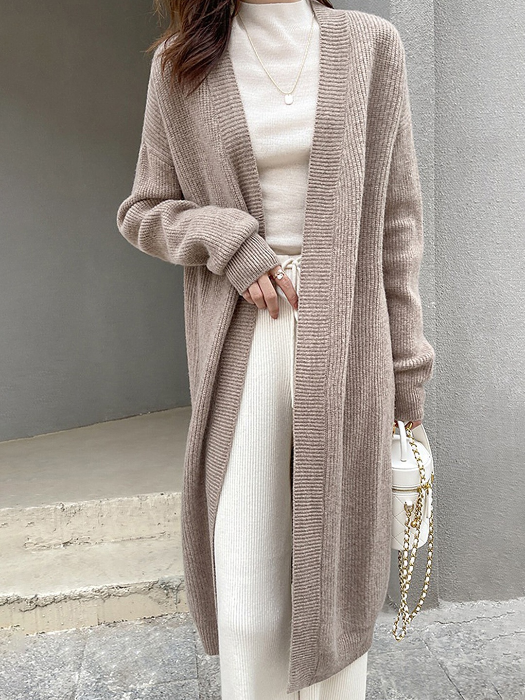 

LULU & SKY Ribbed Front-Open Longline Sweater, Camel brown