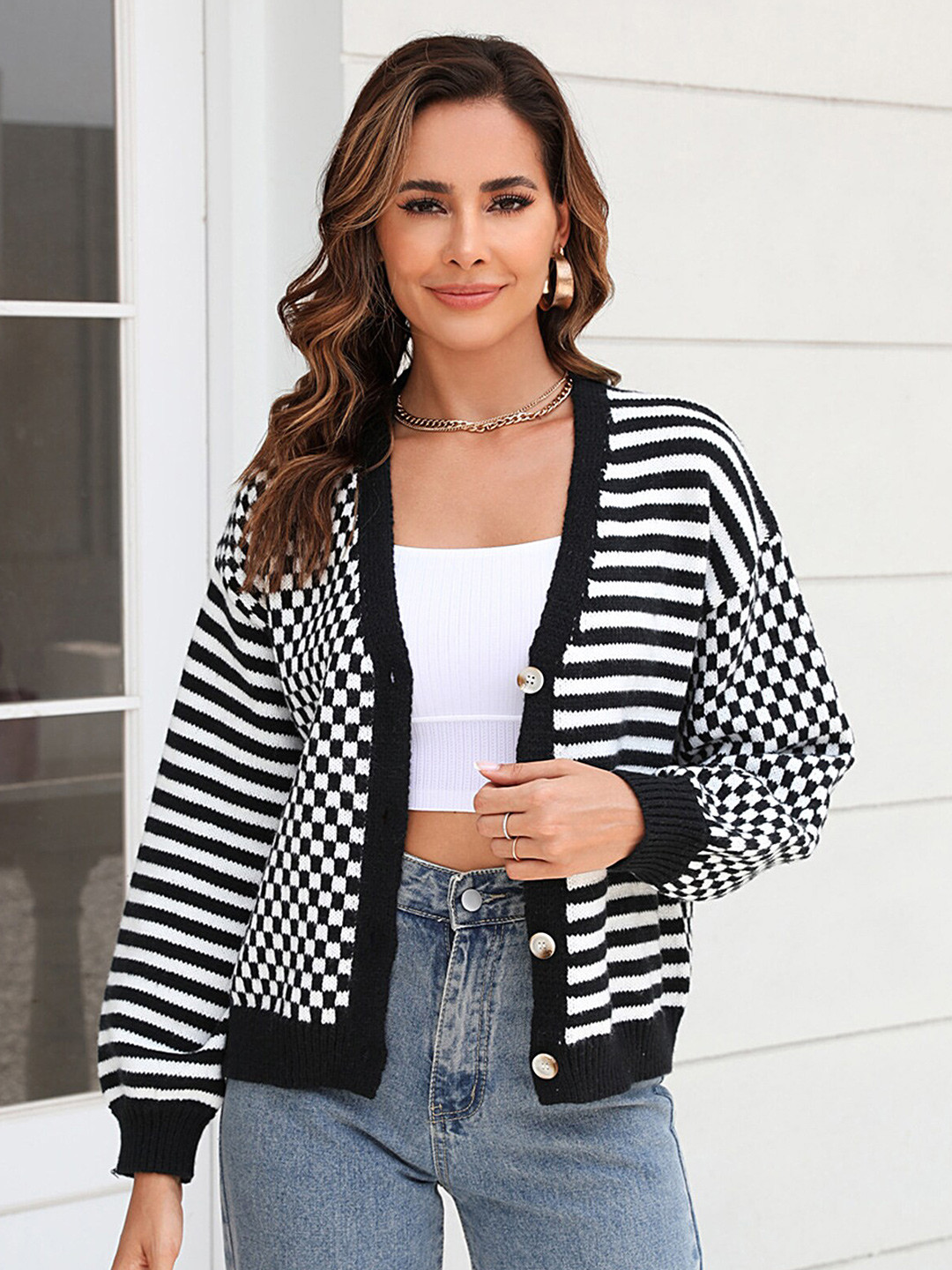 

LULU & SKY Checked Cardigan Sweater, Black