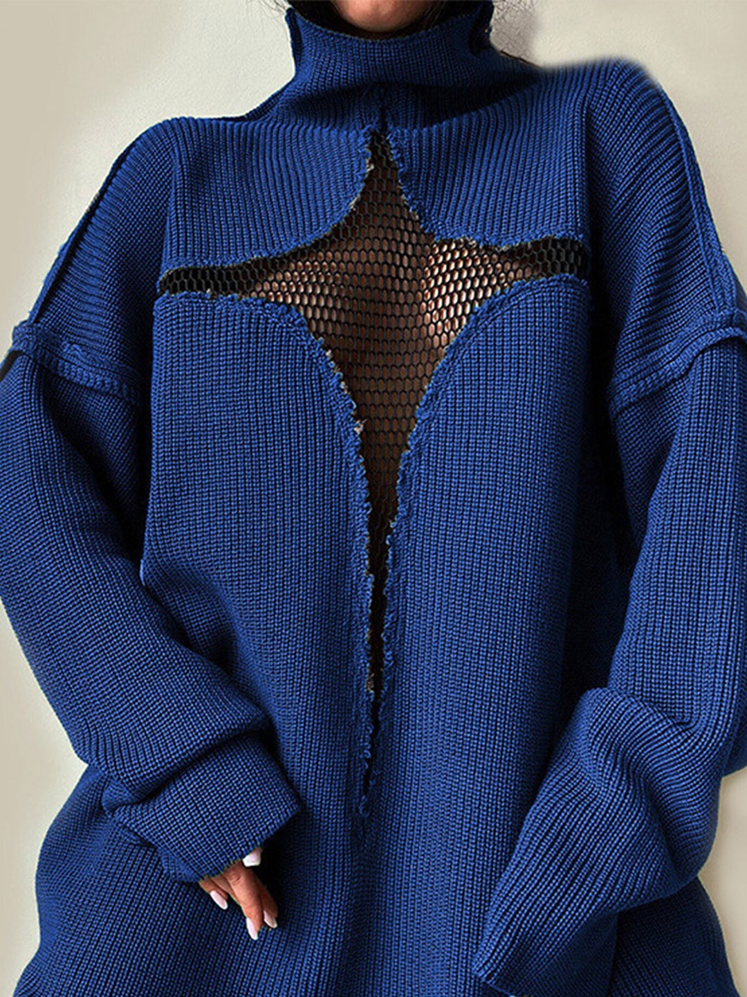

LULU & SKY Turtle Neck Drop-Shoulder Sleeves Acrylic Ribbed Pullover, Blue