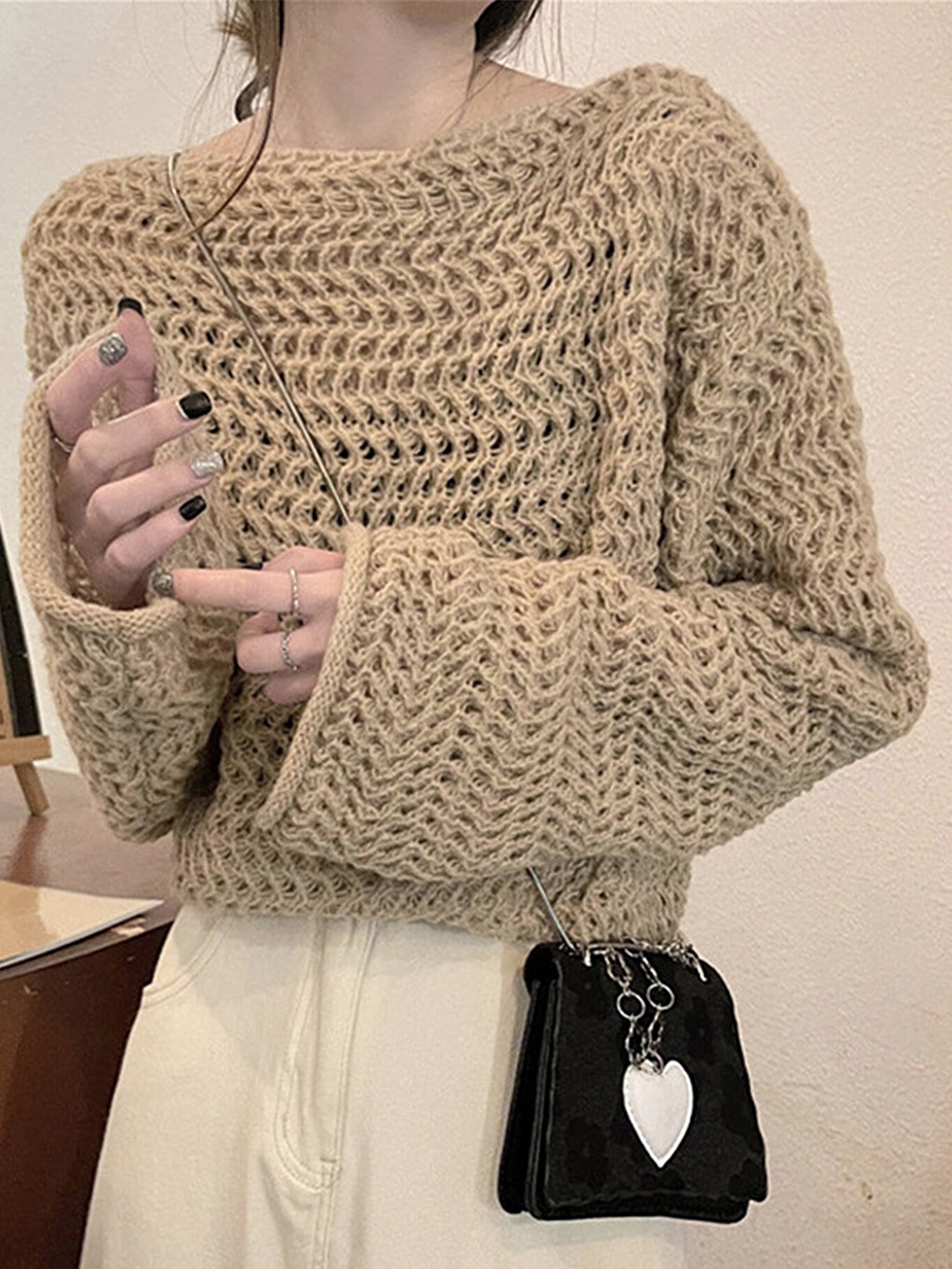 

LULU & SKY Open Knitted Self Design Boat Neck Pullover Sweaters, Beige