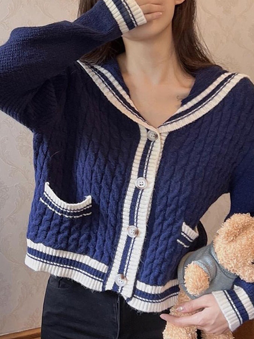 

LULU & SKY Self Design Cable Knit Cardigan, Blue