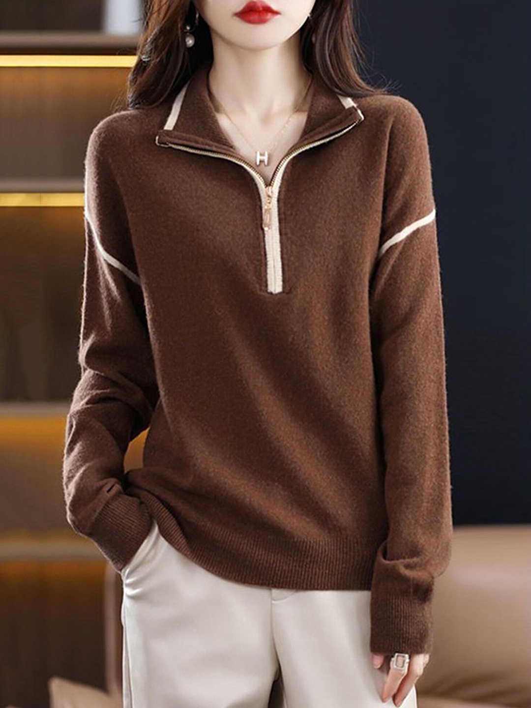 

LULU & SKY Mock Collar Drop Shoulder Sleeves Sweatshirt, Brown