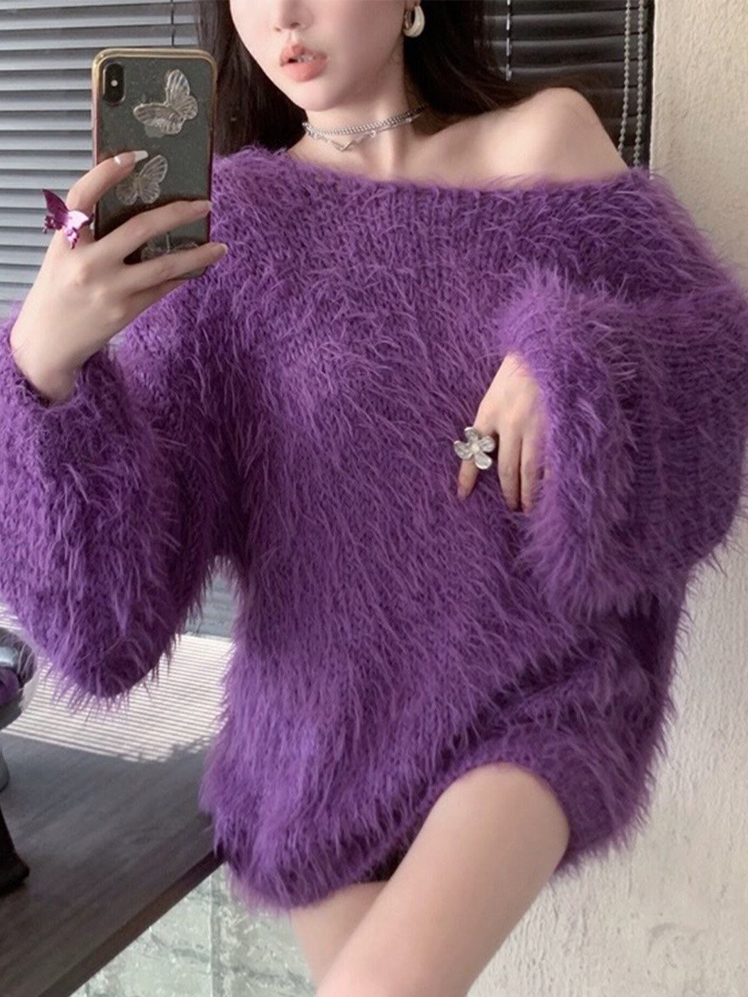 

LULU & SKY Imitation Mink Loose Fit Puff Sleeve Velvet Dress, Purple