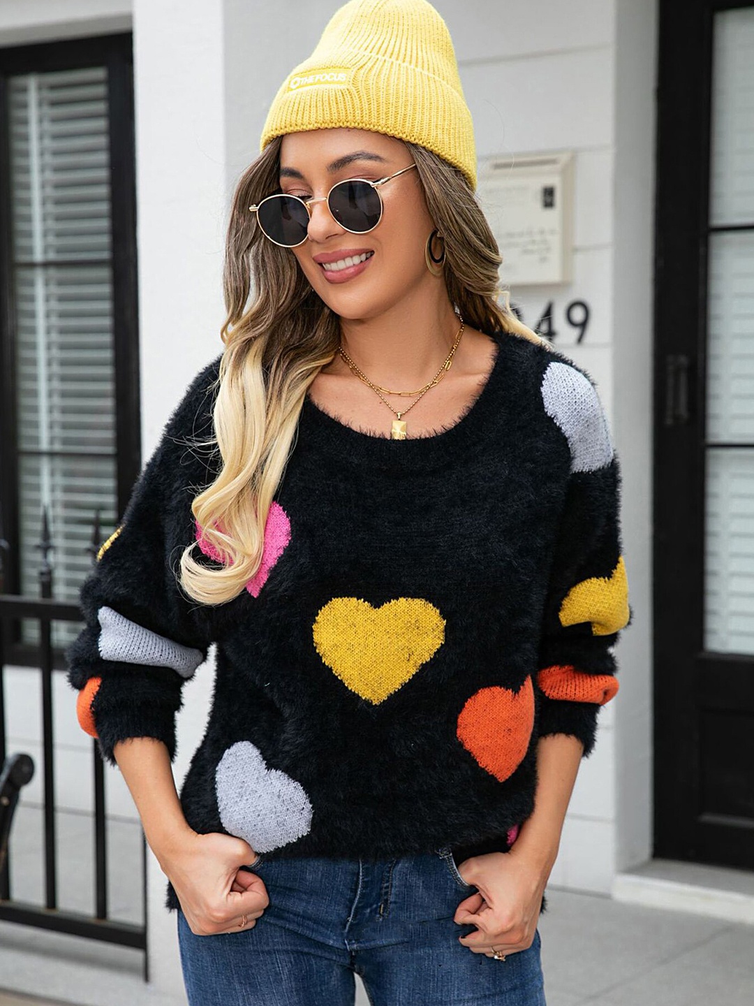 

LULU & SKY Geometric Self Design Round Neck Pullover, Black