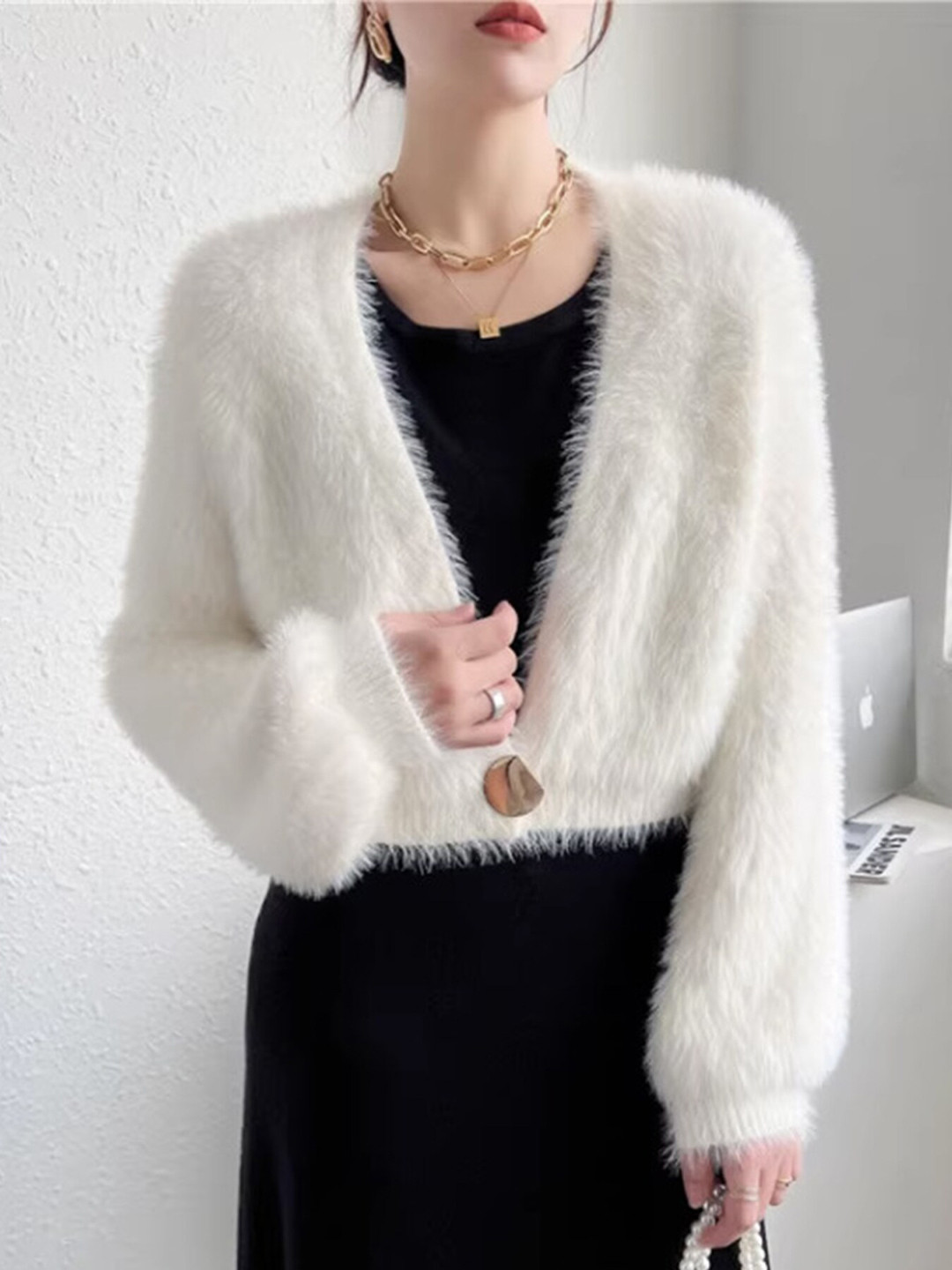 

LULU & SKY Knitted Open Front Cardigan With Fuzzy Detail, White