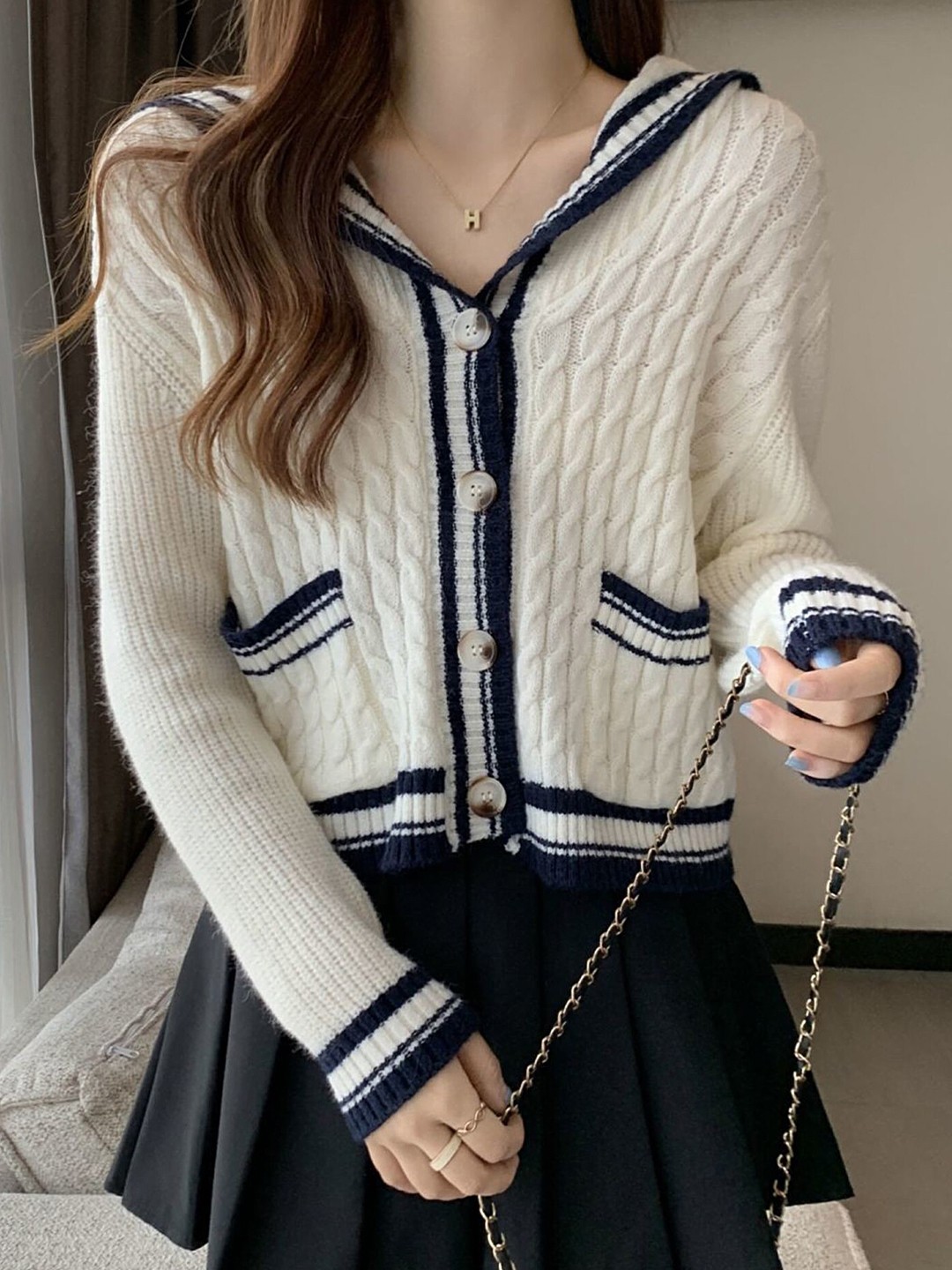 

LULU & SKY Cable Knit Self Design V-Neck Cardigan, Cream