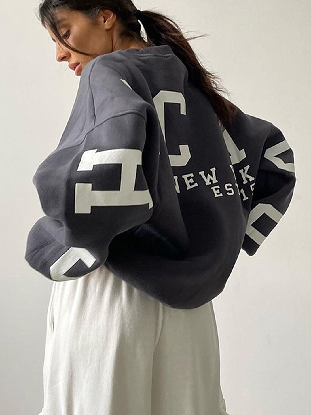 

LULU & SKY Typography Printed Loose Fit Sweatshirt, Grey