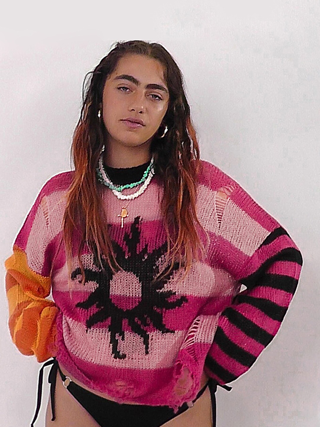 

LULU & SKY Self Design Round Neck Long Sleeve Pullover Sweaters, Pink