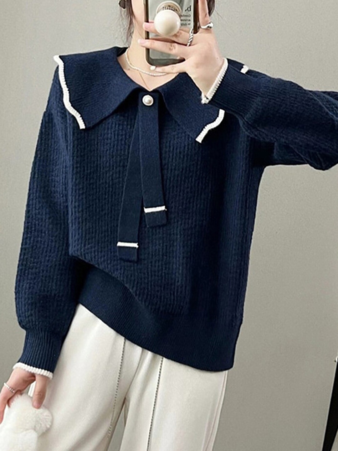 

LULU & SKY Cable Knit V-Neck Long Sleeves Pullover Sweaters, Navy blue