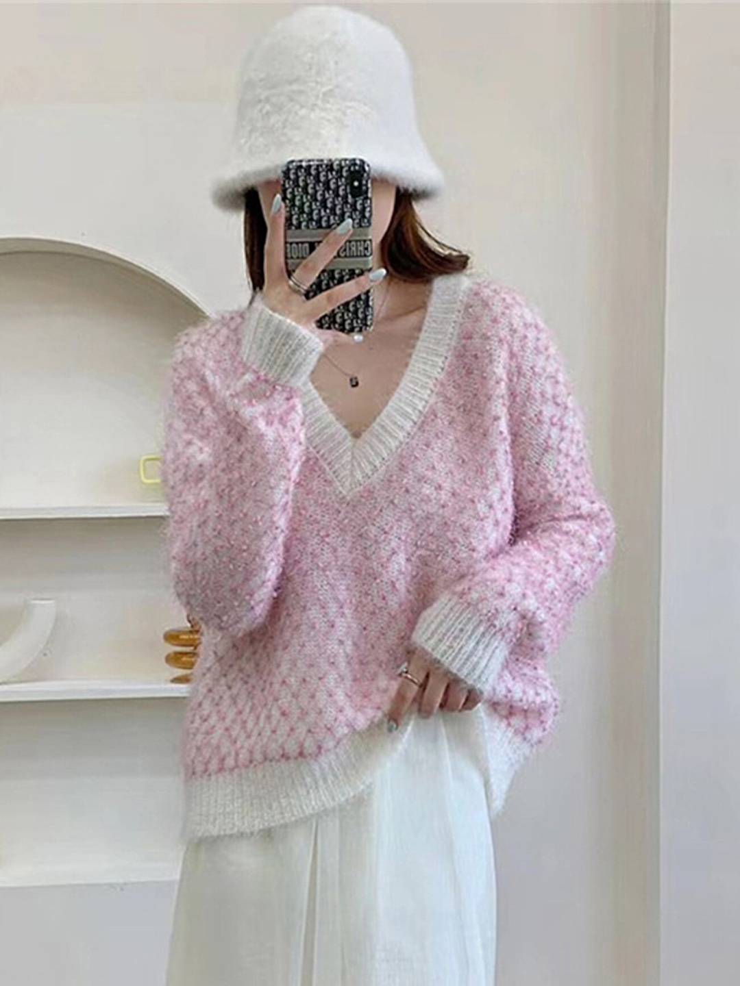 

LULU & SKY Self Design V-Neck Long Sleeve Ribbed Pullover Sweaters, Pink