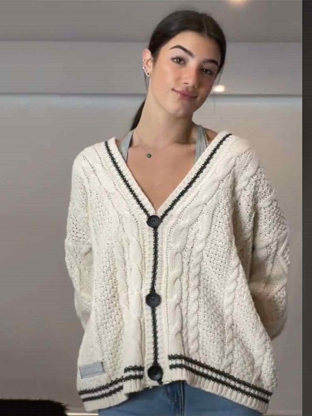 

LULU & SKY Cable Knit Self Designed V-Neck Cardigan, White