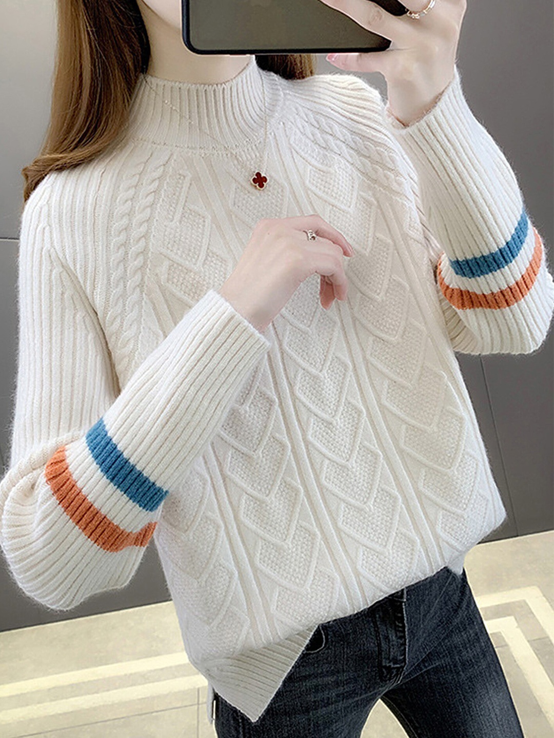 

LULU & SKY Self Design Turtle Neck Cable Knit Pullover Sweaters, White