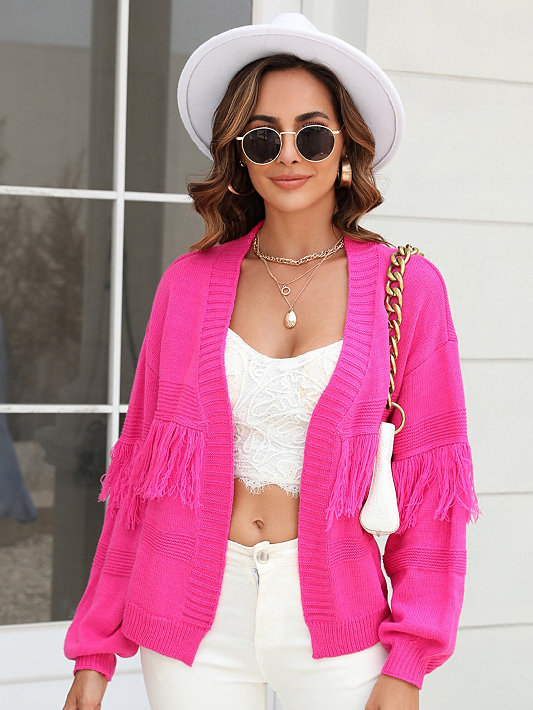 

LULU & SKY Shawl Collar Long Sleeve Acrylic Front-Open Sweaters, Pink