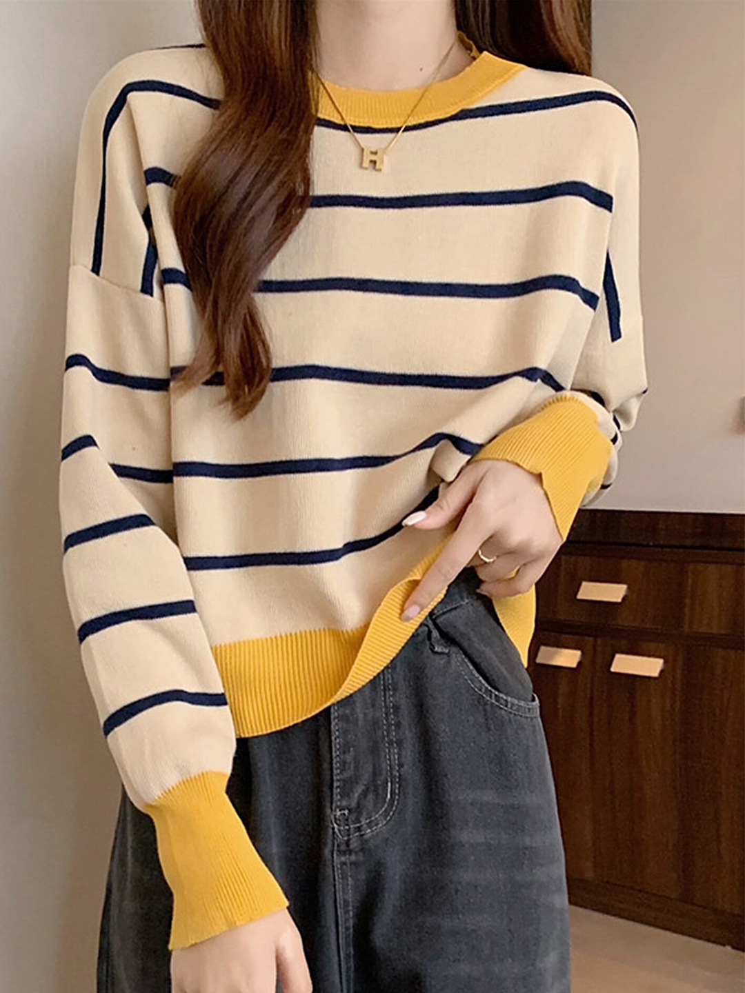 

LULU & SKY Women Striped Loose Fit Sweatshirt, Yellow