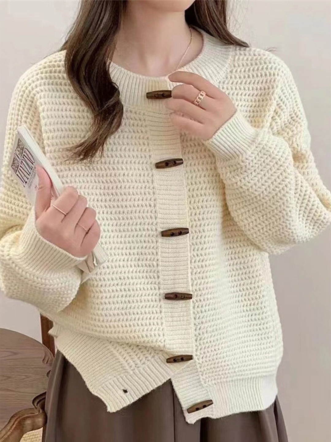 

LULU & SKY Long Sleeves Open Knit Cardigan, White