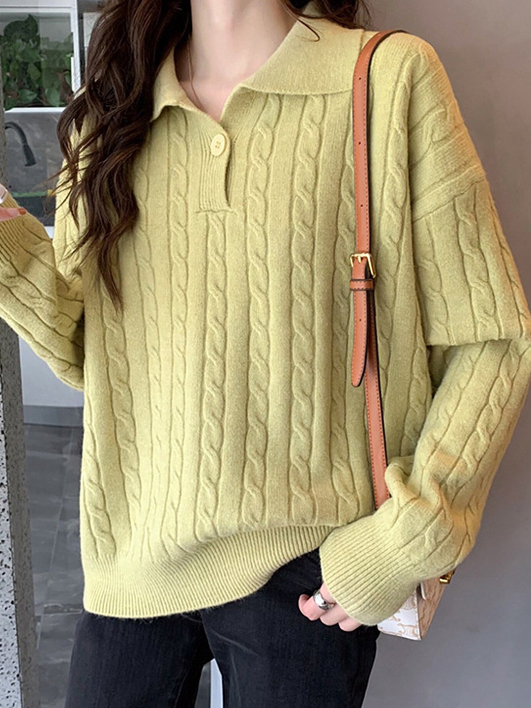 

LULU & SKY Shirt Collar Cable Knit Long Sleeves Pullover, Green