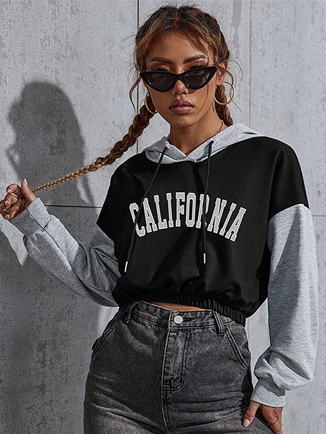 

LULU & SKY Typography Printed Hooded Cropped Pullover, Black