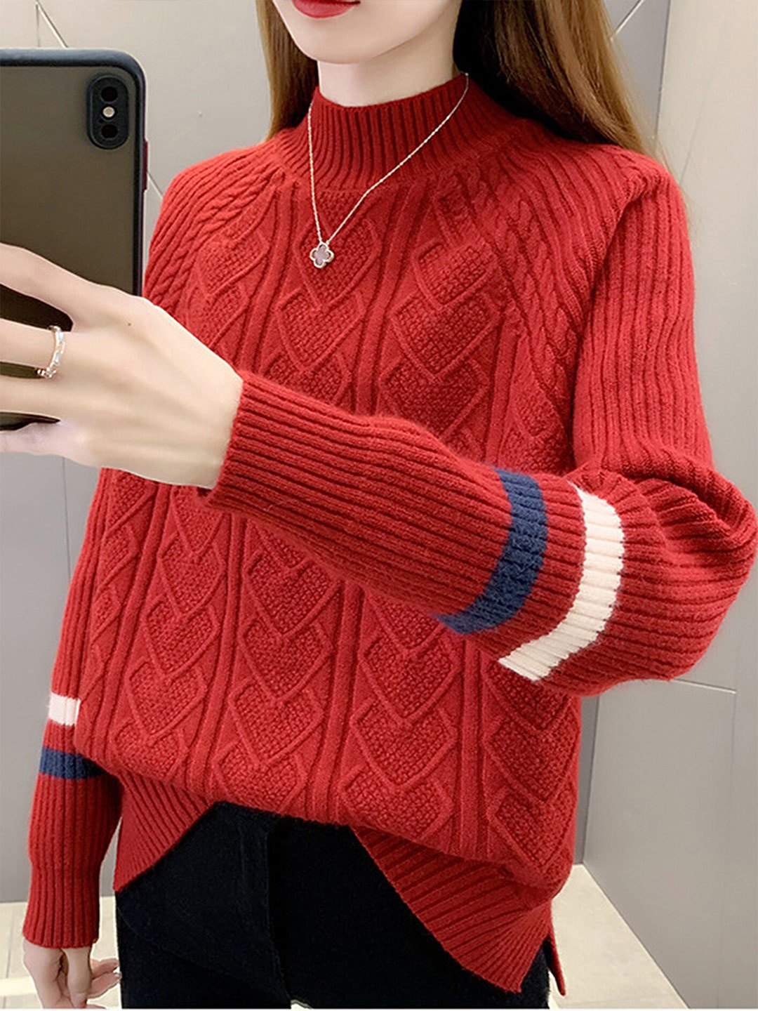 

LULU & SKY Self Design Turtle Neck Pullover, Red