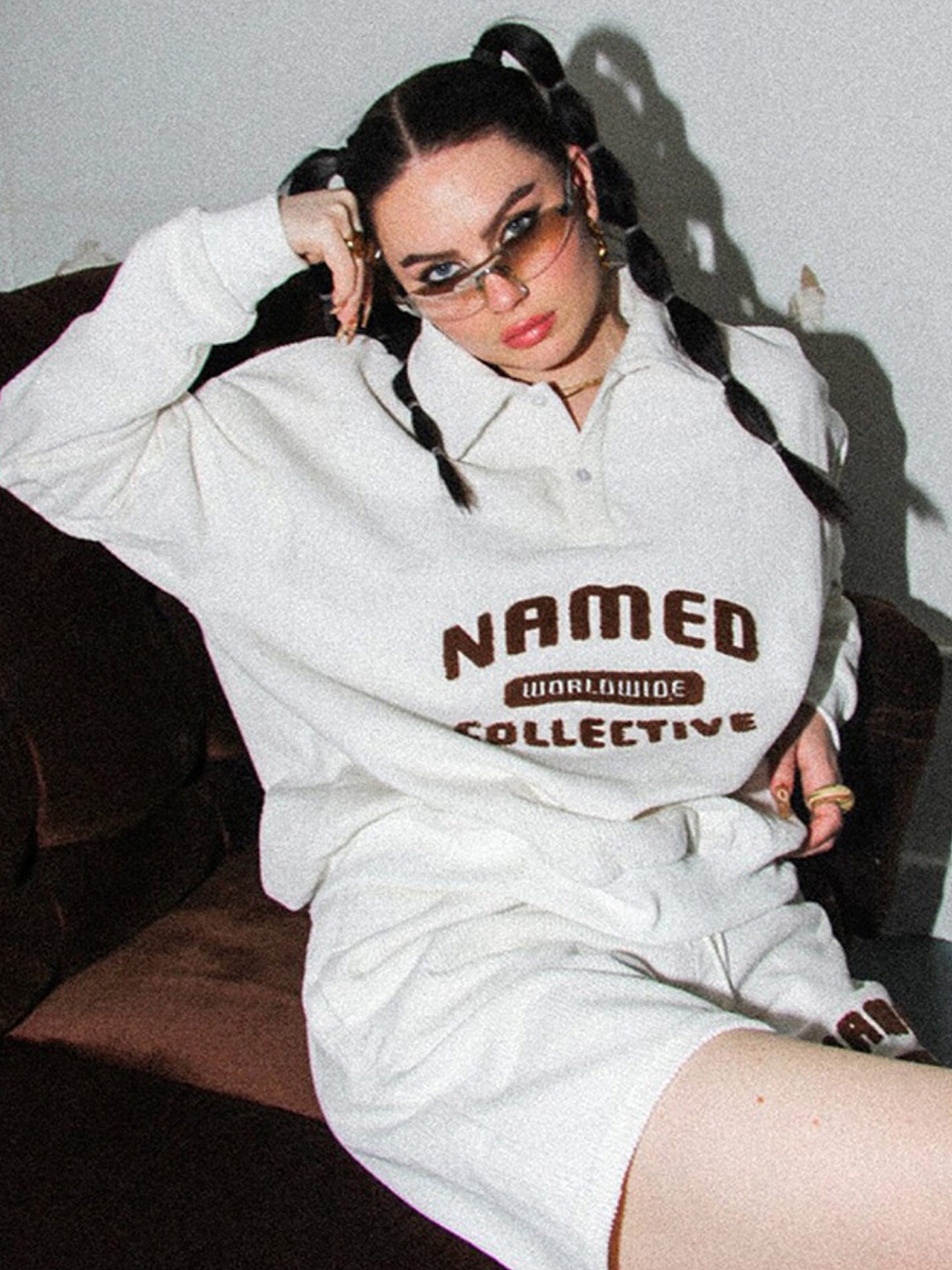 

LULU & SKY Typography Printed Shirt Collar Long Sleeve Sweatshirt, Off white
