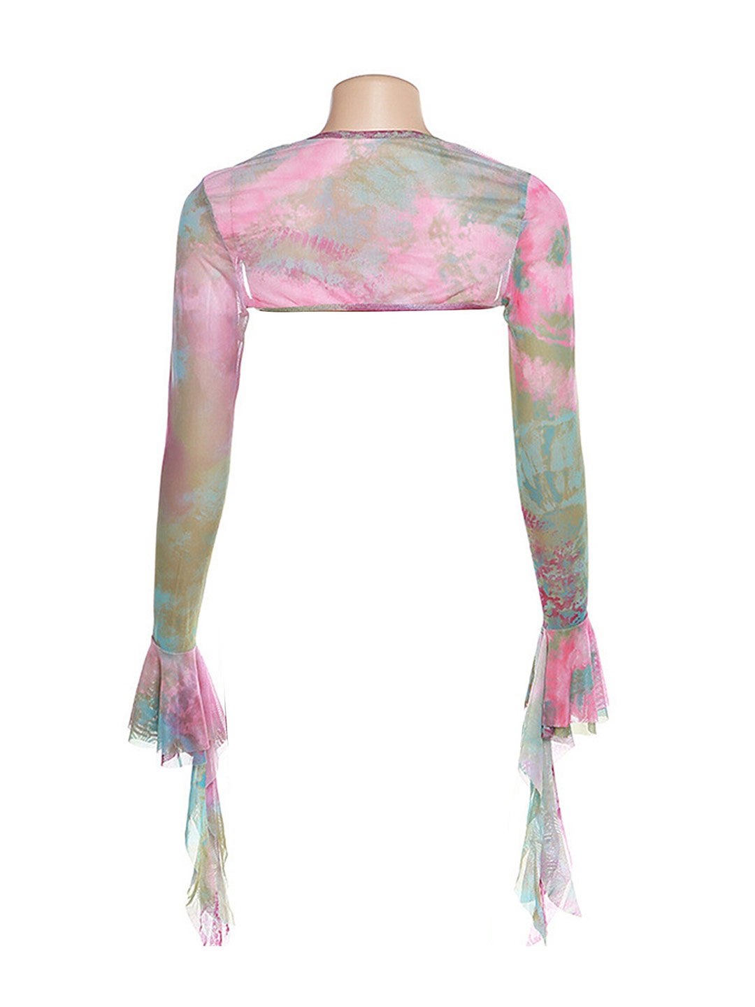 

LULU & SKY Tie & Dye Printed Ruffly Hem Sleeves Bolero Crop Shrug, Pink