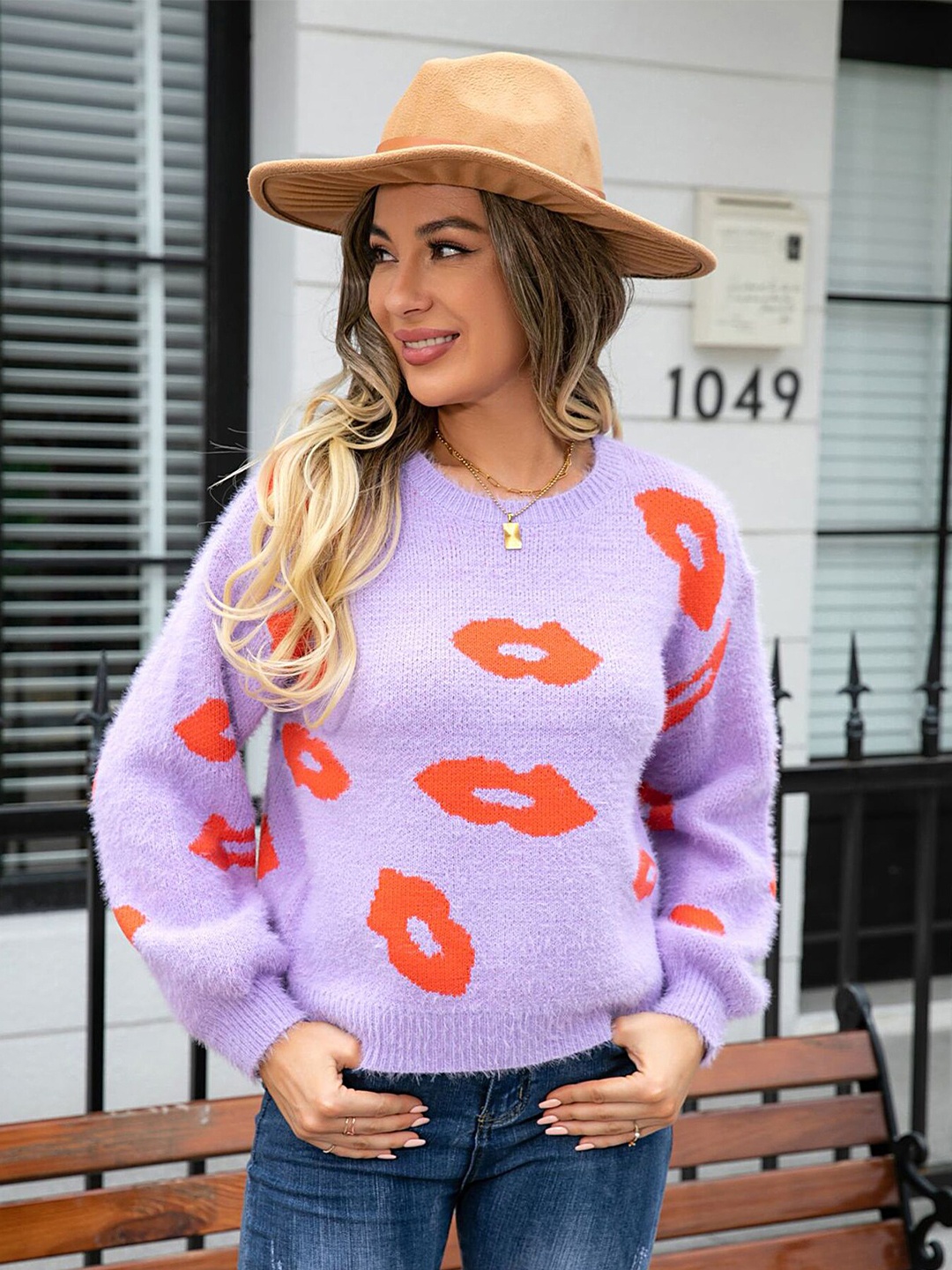 

LULU & SKY Conversational Printed Pullover Sweater, Purple