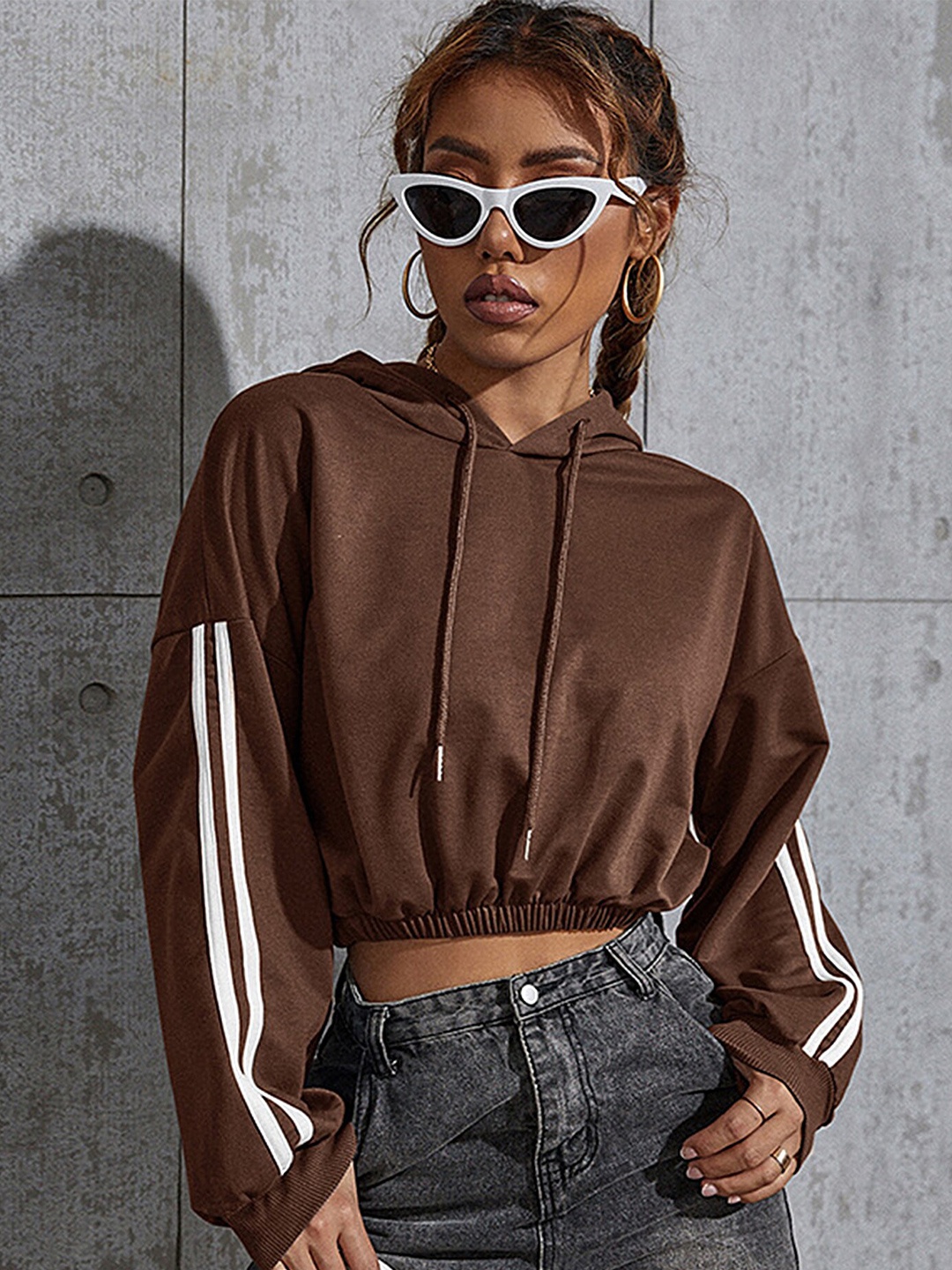 

LULU & SKY Drop Shoulder Cropped Hooded Sweatshirt, Brown