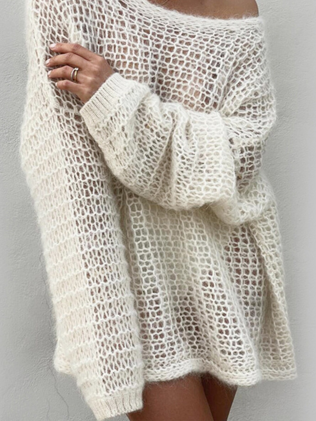 

LULU & SKY Open Knit Boat Neck Long Sleeves Acrylic Pullover, White