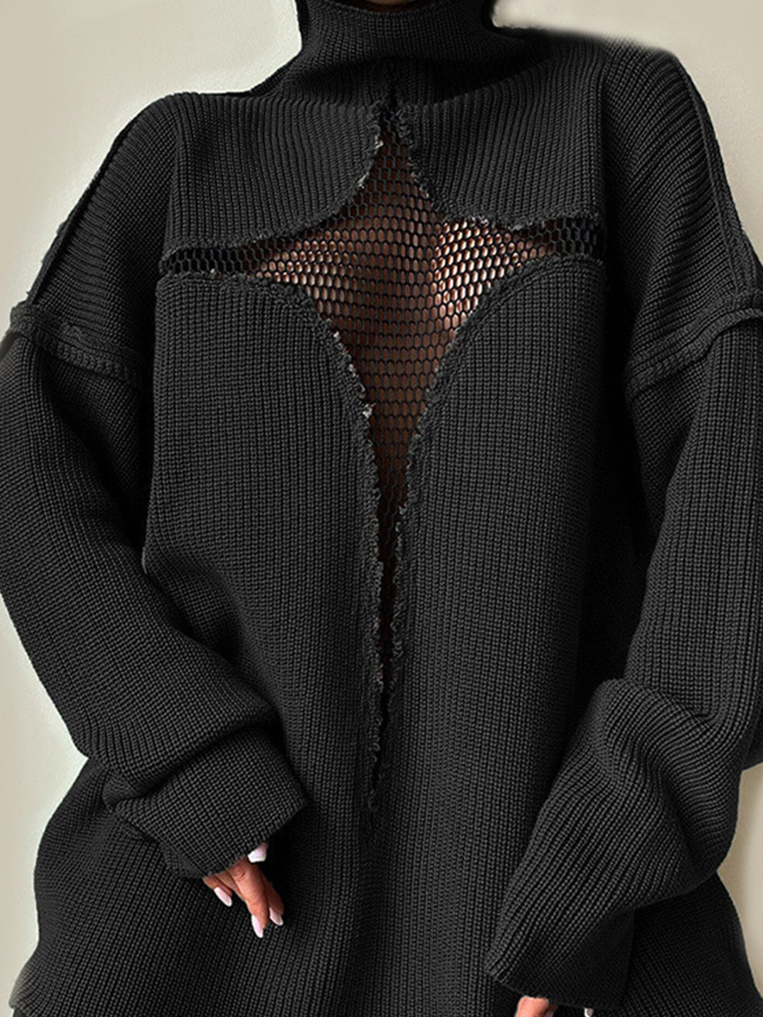 

LULU & SKY Ribbed Turtle Neck Net Detailed Acrylic Pullover, Black
