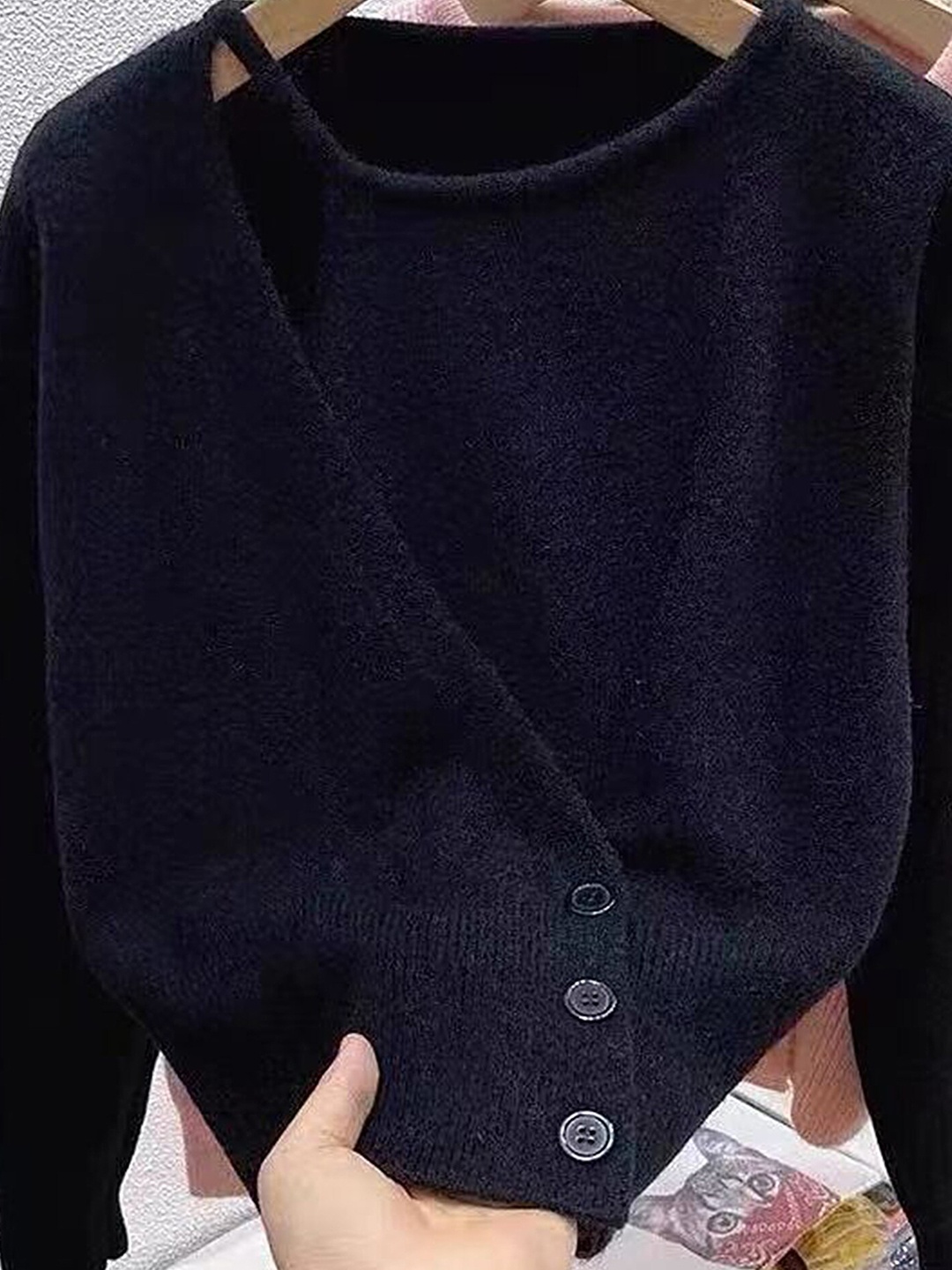 

LULU & SKY Round Neck Long Sleeves Cardigan Sweater, Navy blue