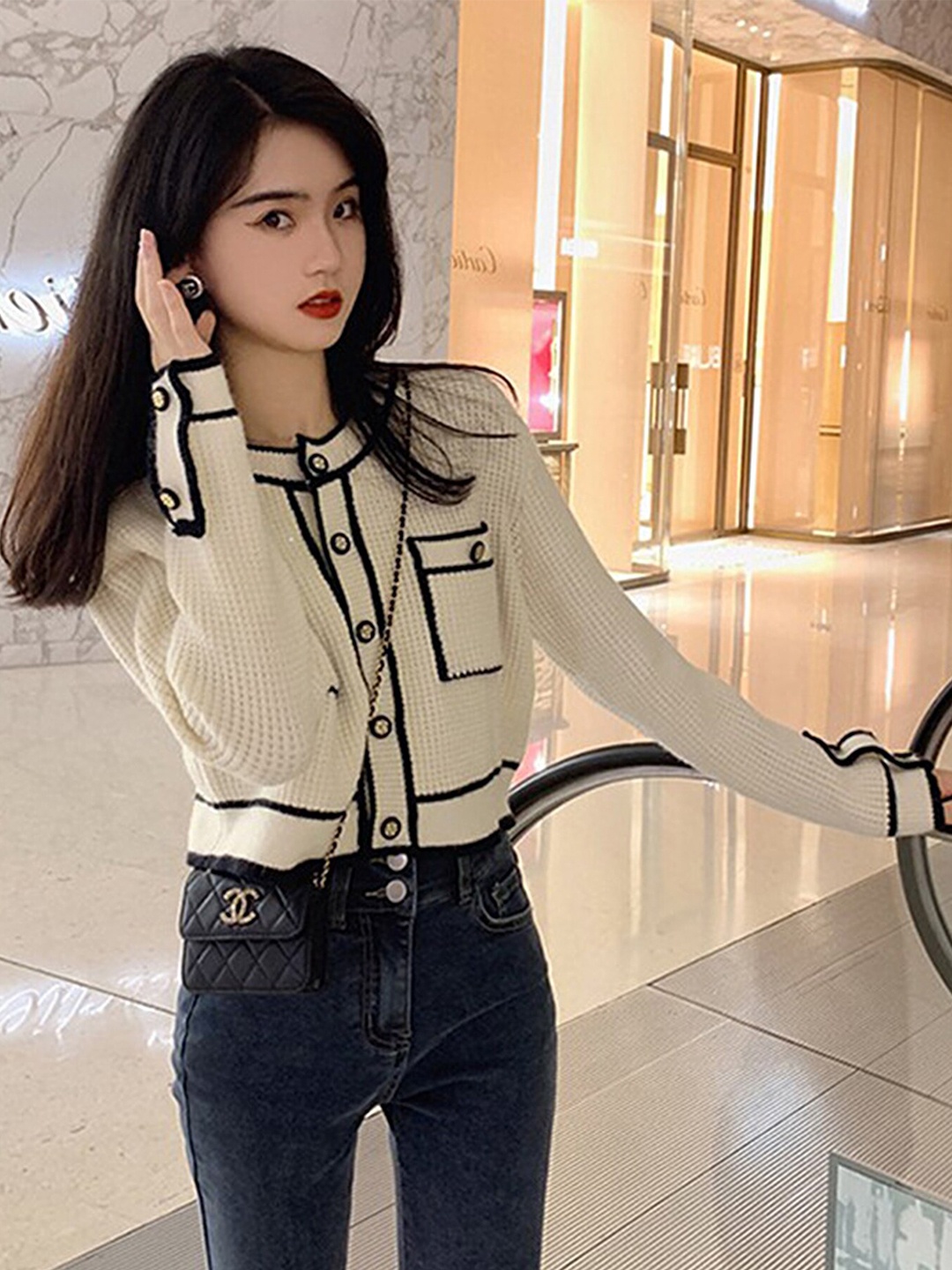 

LULU & SKY Open Knit Self Design Crop Cardigan Sweater, Off white