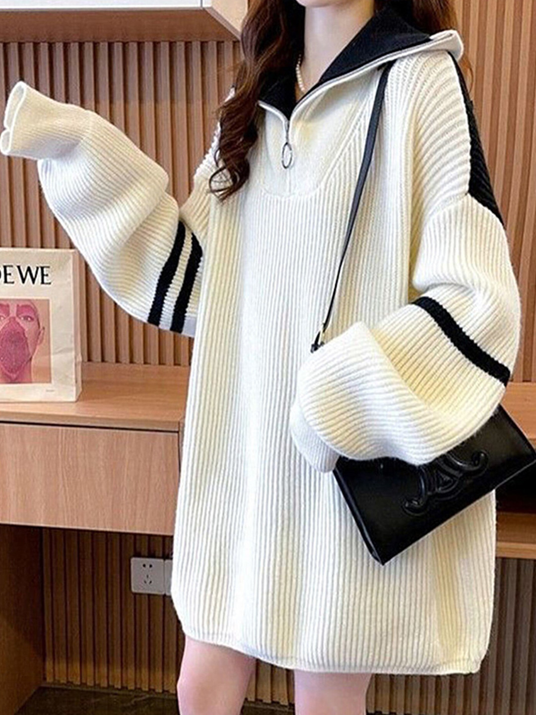 

LULU & SKY Striped Half Zip Knitted Mini Dress, White