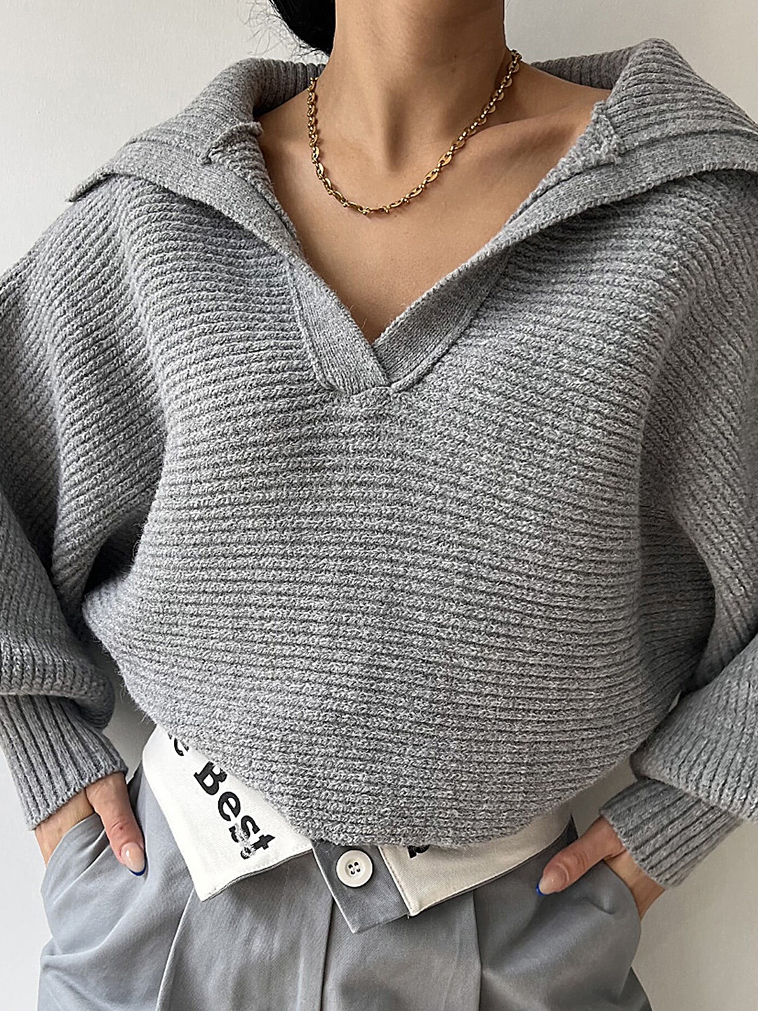 

LULU & SKY Striped Lapel Collar Pullover, Grey