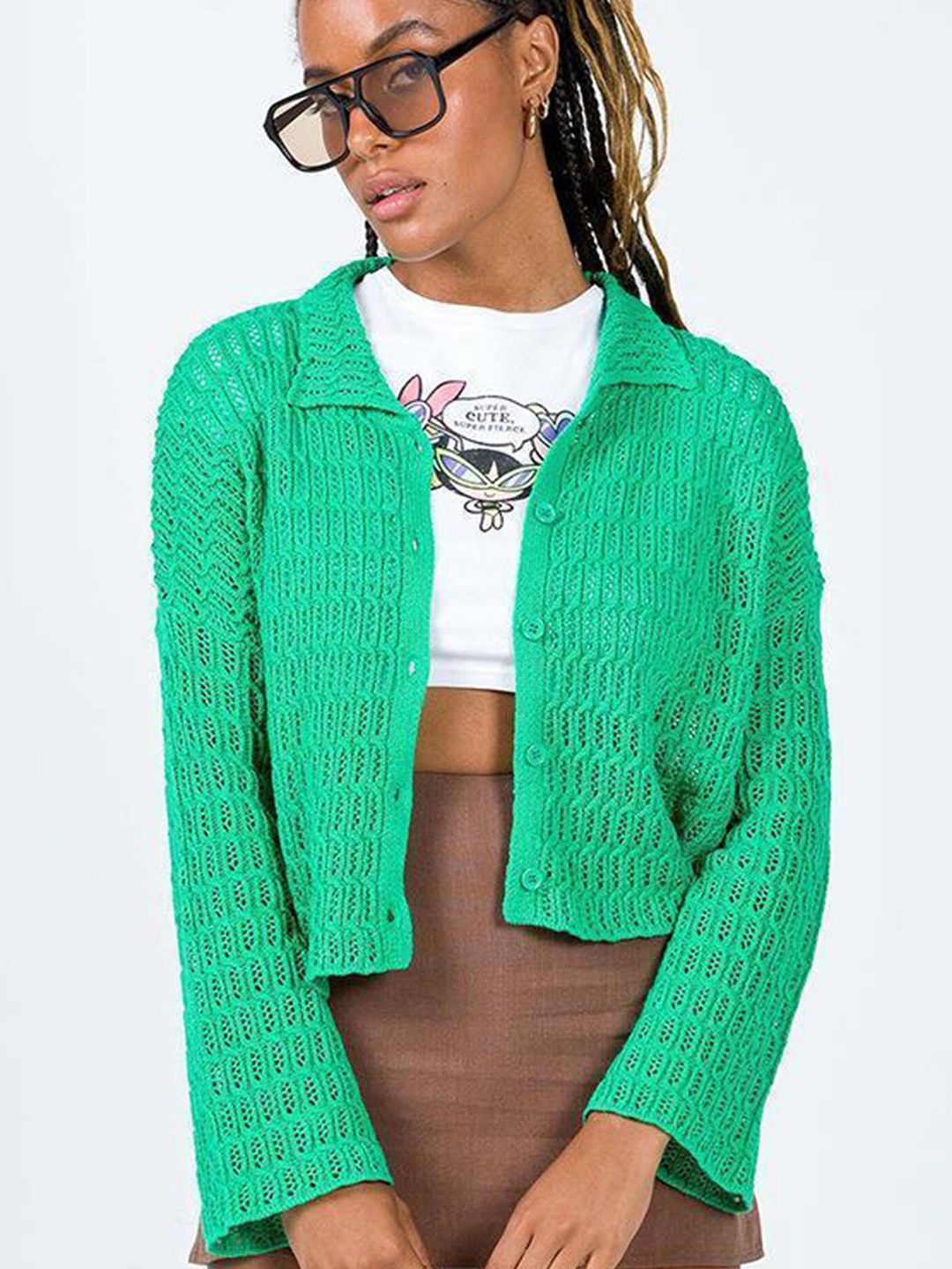 

LULU & SKY Shirt Collar Crop Button Down Knitted Cardigan Shrug, Green