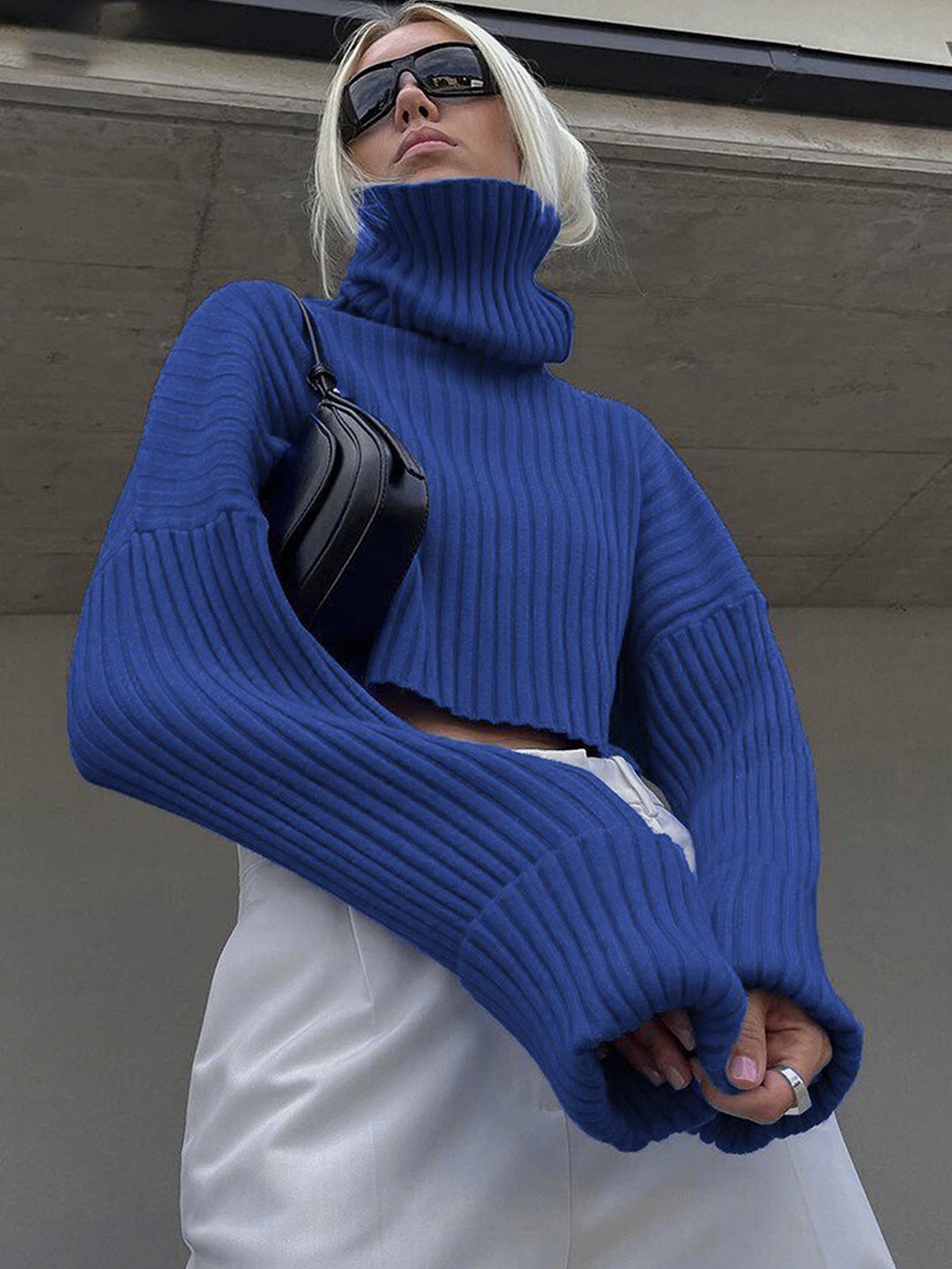 

LULU & SKY Ribbed Knitted Drop Shoulder Sleeves High Neck Crop Pullover, Blue