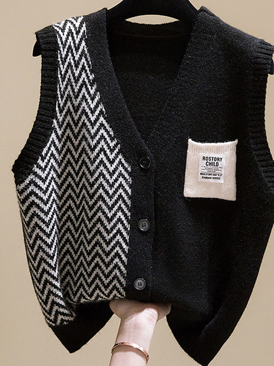 

LULU & SKY Chevron Woven Designed Sleeveless Cardigan, Black