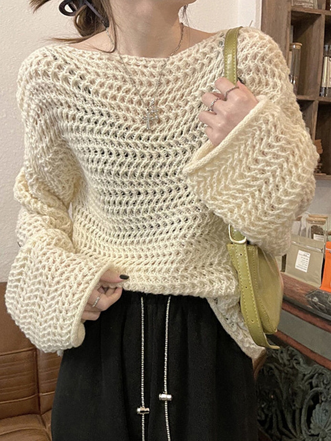 

LULU & SKY Boat Neck Open Knit Pullover Sweater, Off white