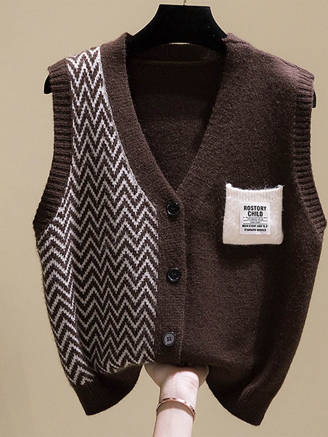 

LULU & SKY Chevron Printed V-Neck Cardigan, Brown
