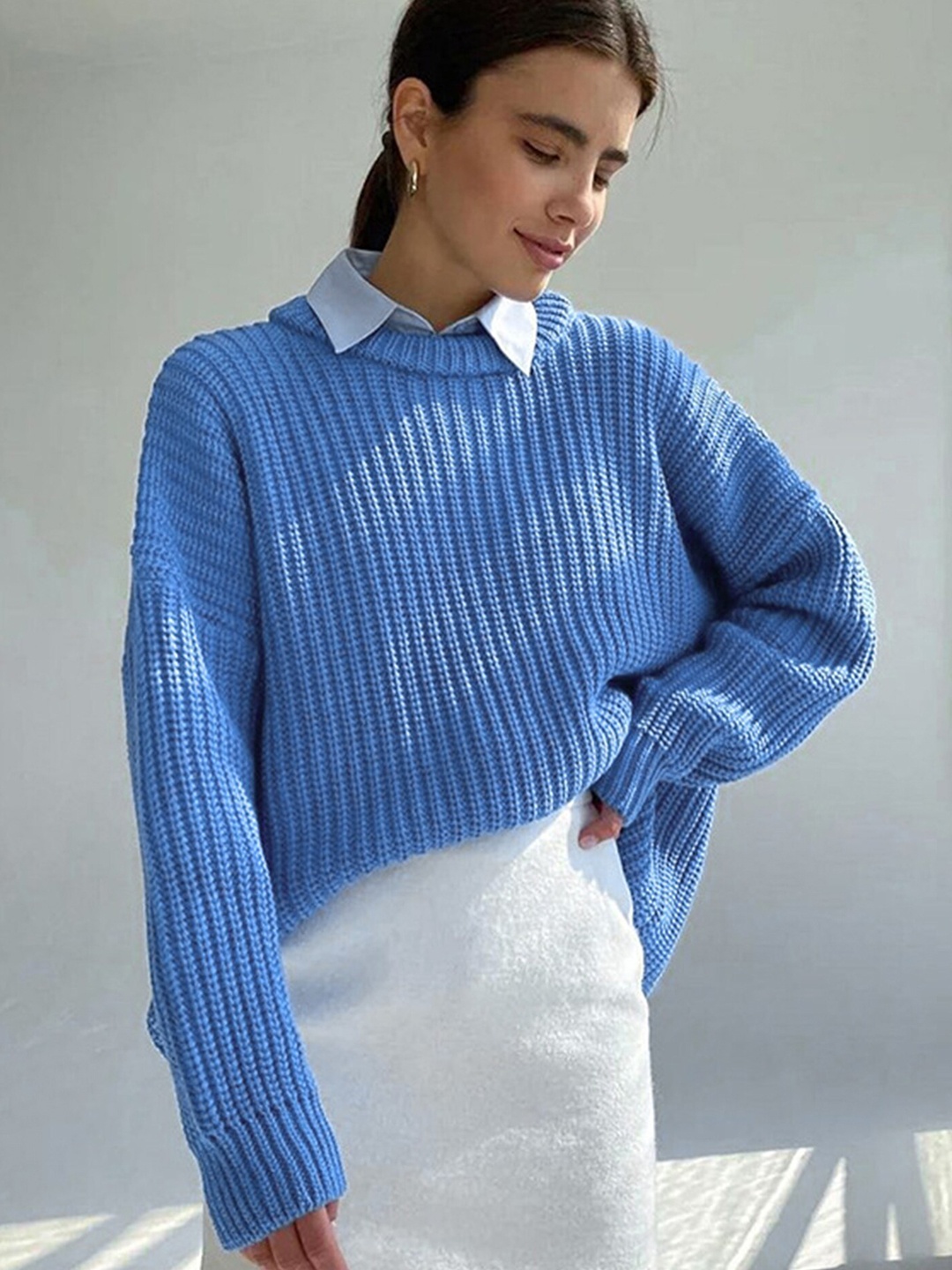 

LULU & SKY Ribbed Knitted Loose Sweatshirt, Blue