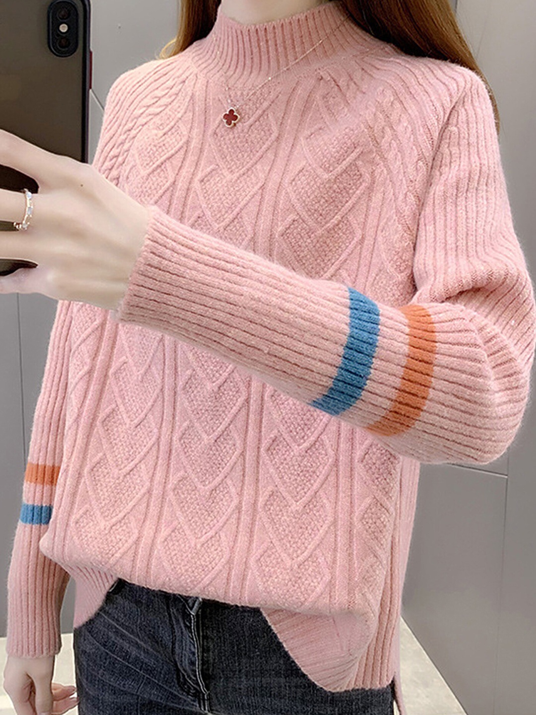 

LULU & SKY Self Design Turtle Neck Pullover, Pink